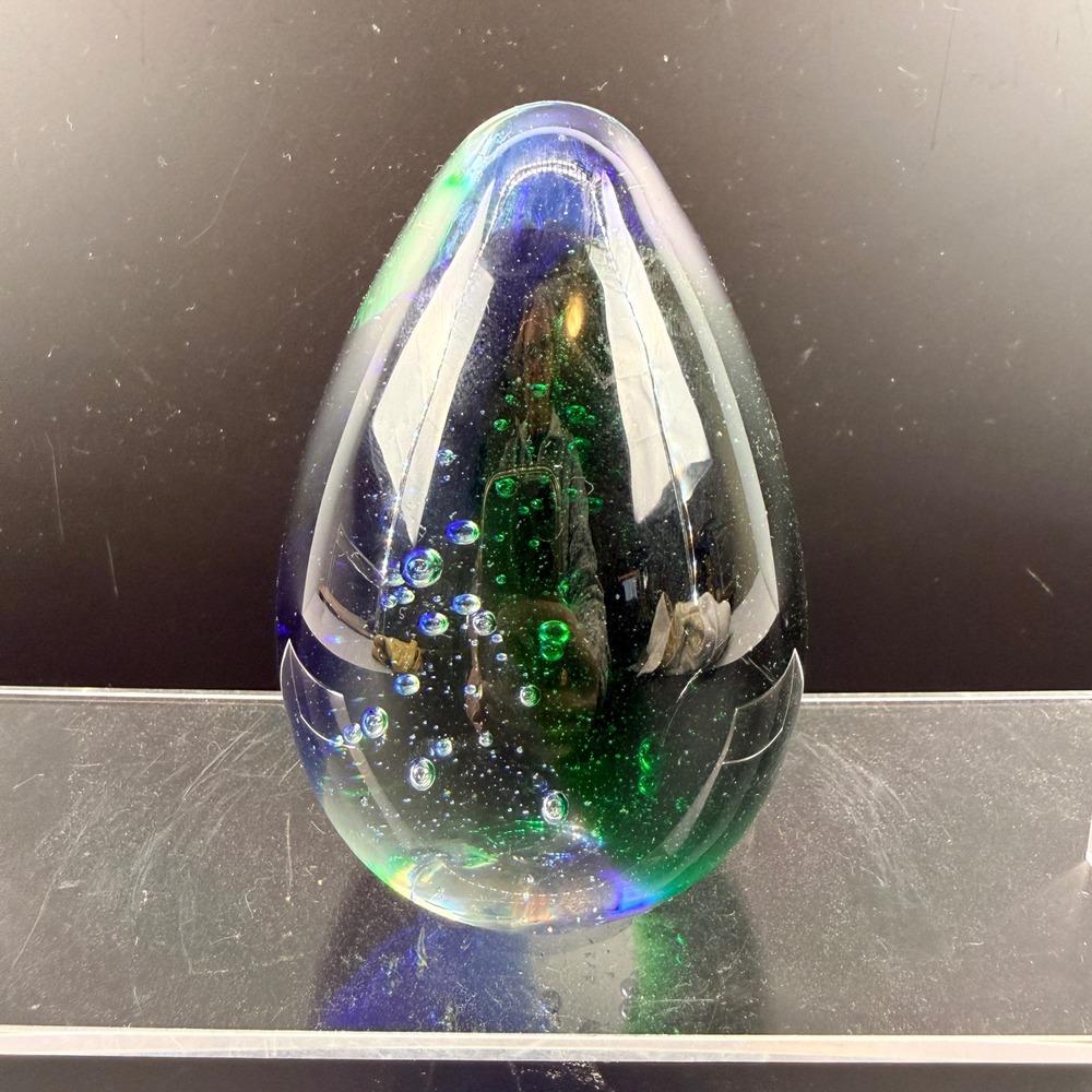 VTG Art Glass Egg Paperweight Blue Green Swirl Bullicante Bubbles‎ MCM Style